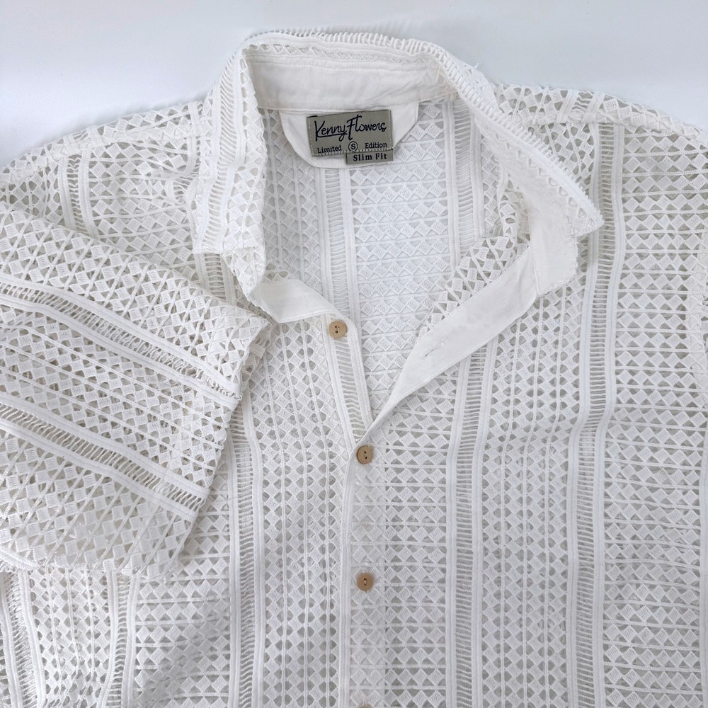 Kenny Flowers Button Down Shirt Small White Lace Crochet Slim Fit Resortwear